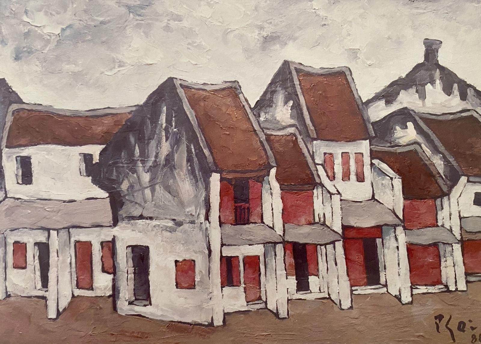 Phong cách vẽ tranh đặc trưng họa sĩ điên Đoàn Nguyên với nét cọ mạnh bạo và hình khối biến dạng.